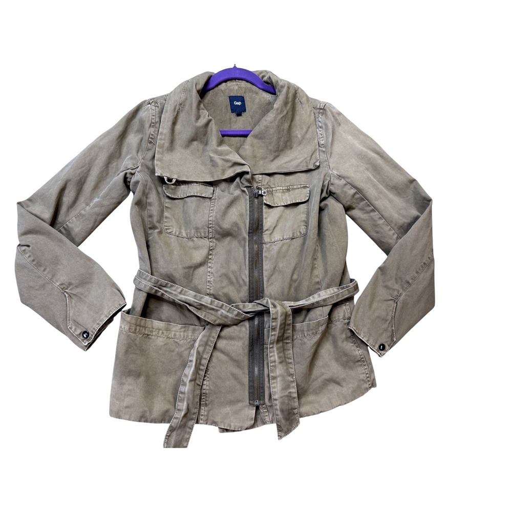 Gap Utility Jacket Women Small Olive Brown Excellent Belted Asymmetrical Cotton